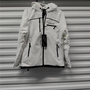 PinFin Womens Hooded Windbreaker Jacket Sz Medium White Outdoor Hiking Rain Coat